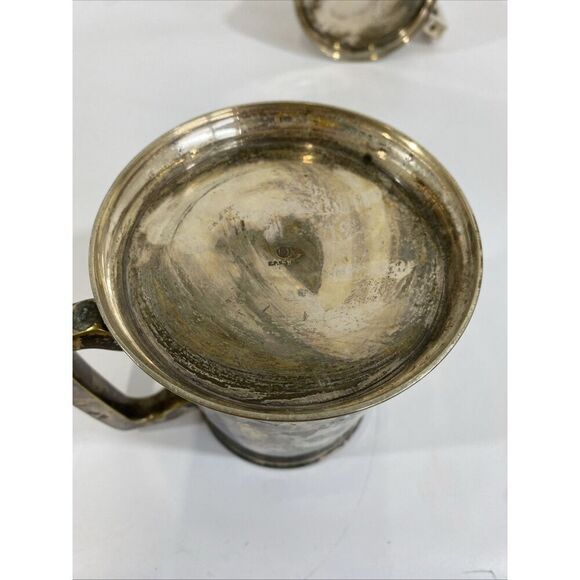 Antique Pair Silverplate British Stein Tankard Hand Etched Lion Crest Guild - Picture 11 of 15